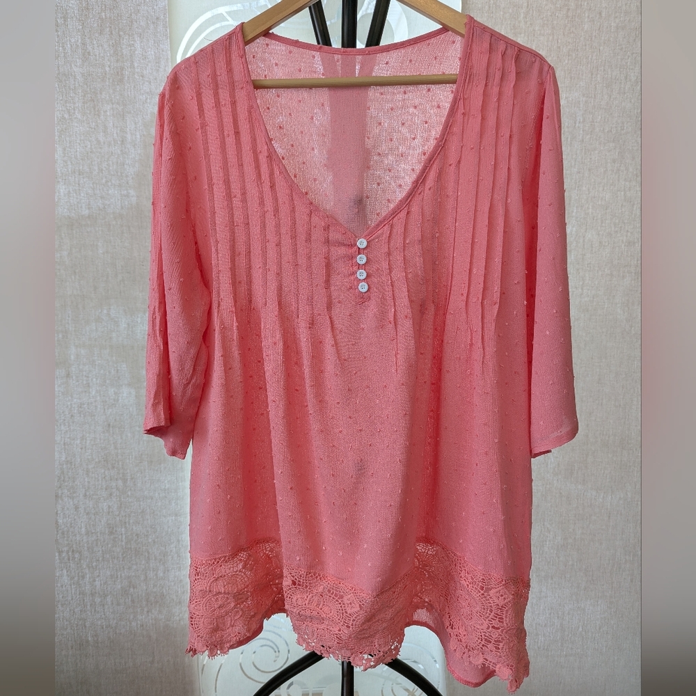 Women's Boho Pink 3/4 Sleeve Blouse Sz- 2x/3x
